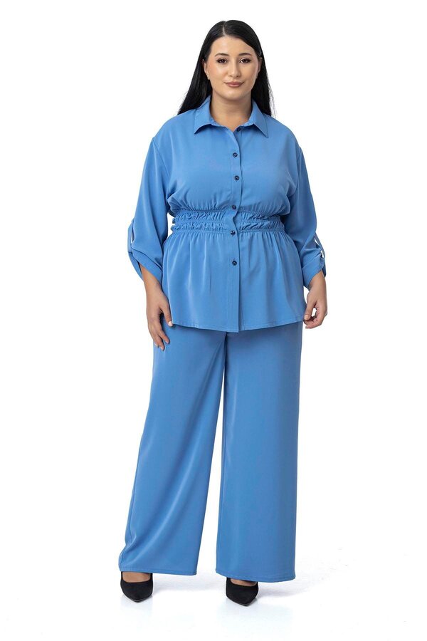 Waist Elastic Shirred Shirt Trousers Two-piece Set — Blue