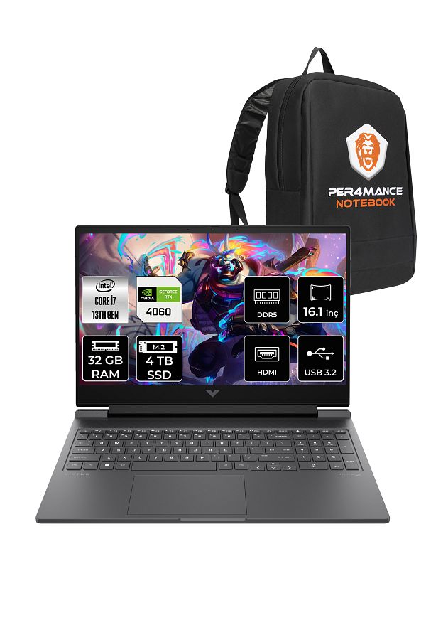 HP Vi?ctus 16 İ7-13700H 32gb 4tb Ssd Rtx4060/8gb 144hz 16.1'' Fhd Fdos 8b5y3ea & Per4 Çanta