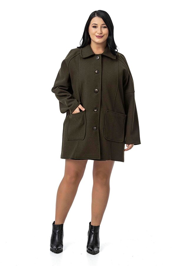 Shirt Collar Raglan Sleeve Patch-pocket Unlined Wool-touch Short Coat — Khaki