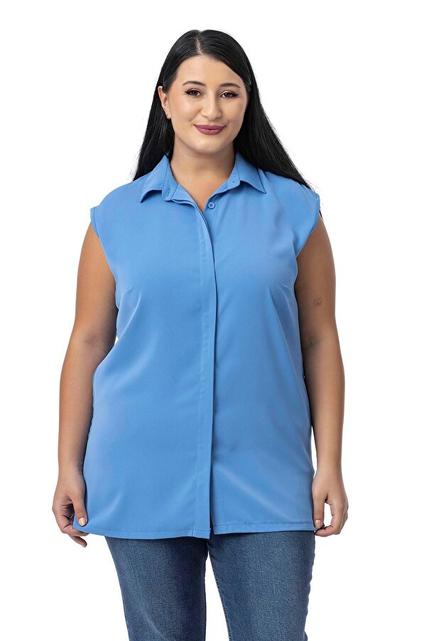 Hidden Buttoned Side Slit-detail Sleeveless Shirt — Indigo