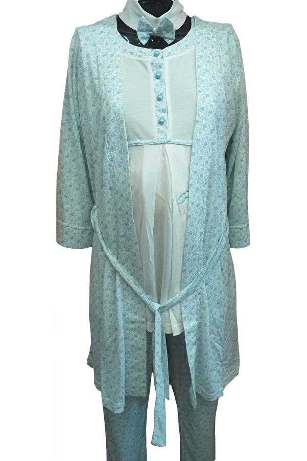 Lohusa Mavi Emzirme 3'lü Pijama Takımı İlkem Hamile