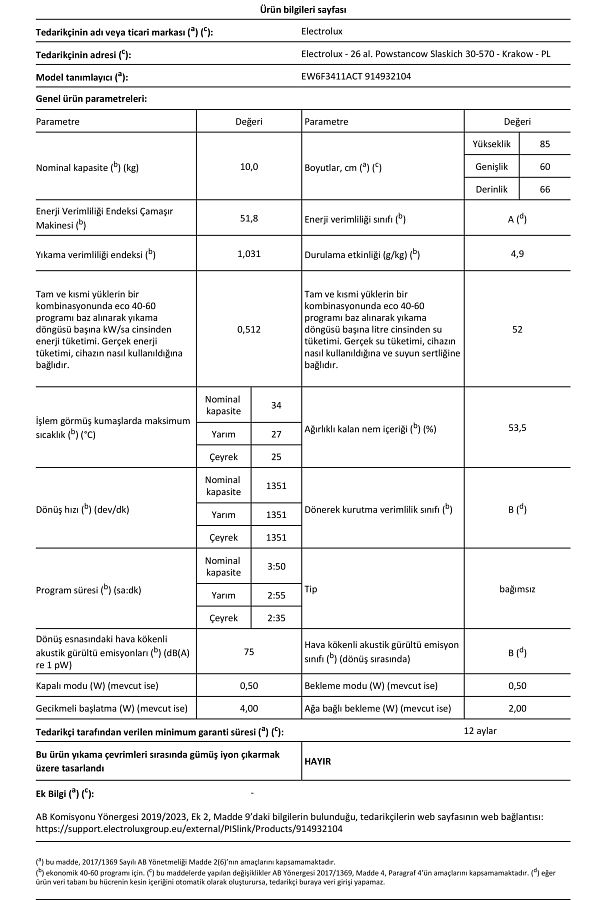 Electrolux EW6F3411ACT 600 Serisi SensiCare 10 kg 1400 devir A sınıfı AutoDose Wi-Fi Çamaşır Makinesi - Görsel 15