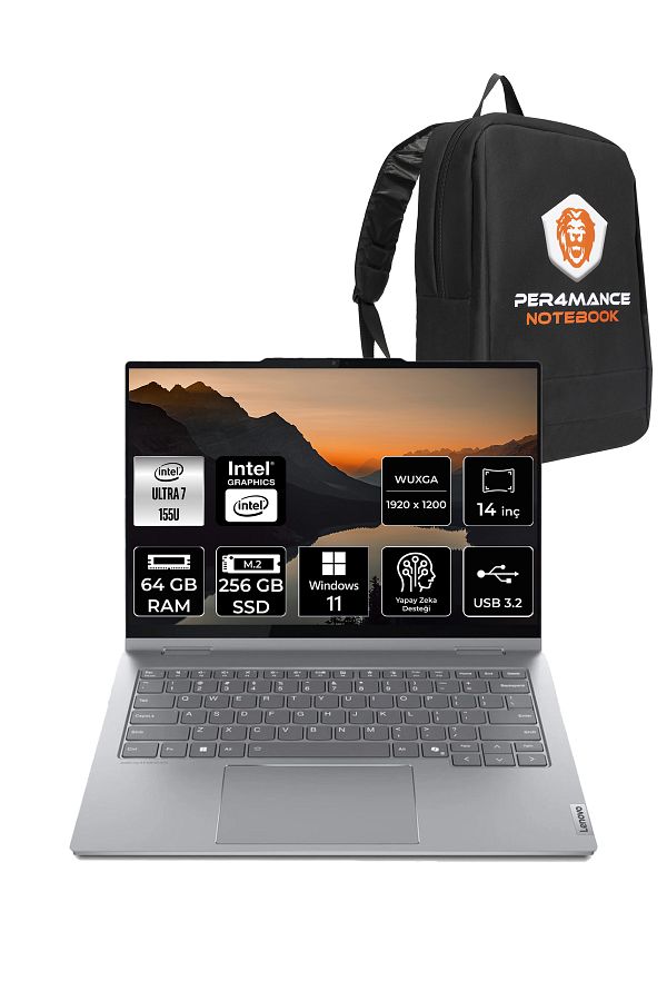 LENOVO ThinkBook 14 Ultra 7 155U 64GB 256GB SSD 14" W11H WUXGA Dokunmatik 2'si 1 Arada & PER4 ÇANTA