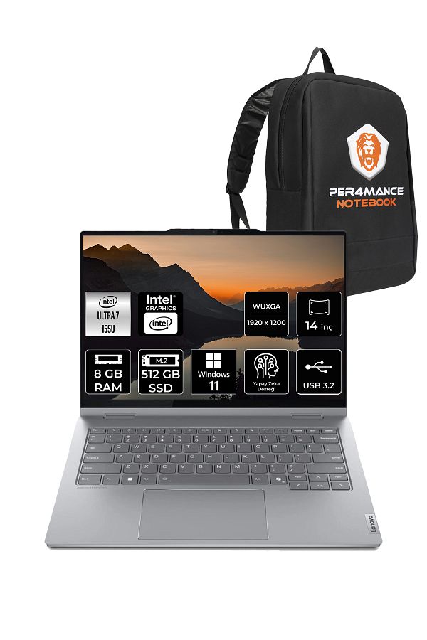 LENOVO ThinkBook 14 Ultra 7 155U 8GB 512GB SSD 14" W11H WUXGA Dokunmatik 2'si 1 Arada & PER4 ÇANTA