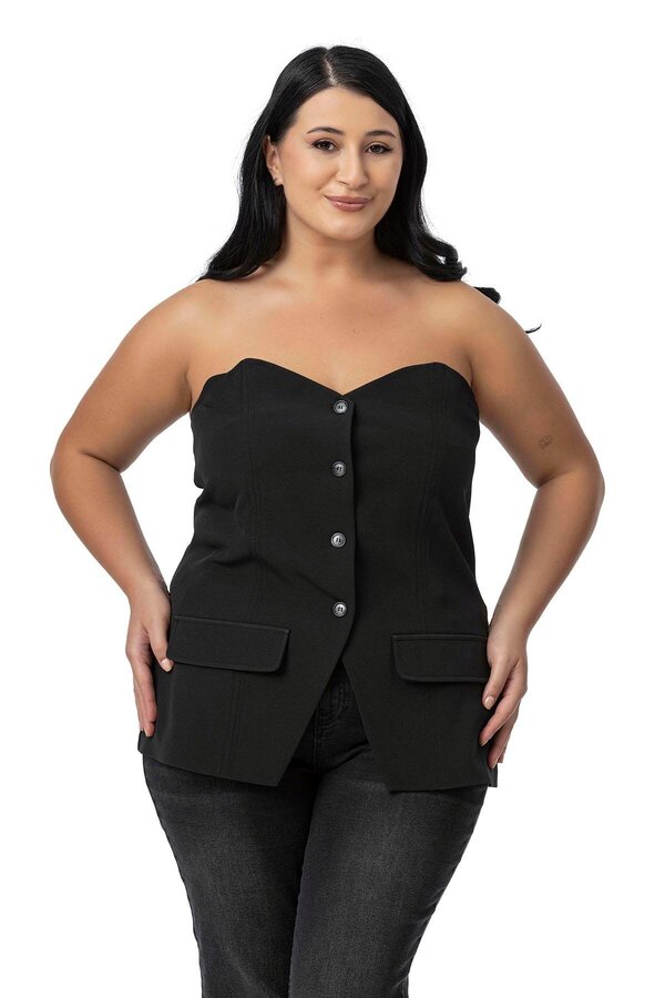 Decorative Flap-pocket Back Elasticated Buttoned Bustier — Black