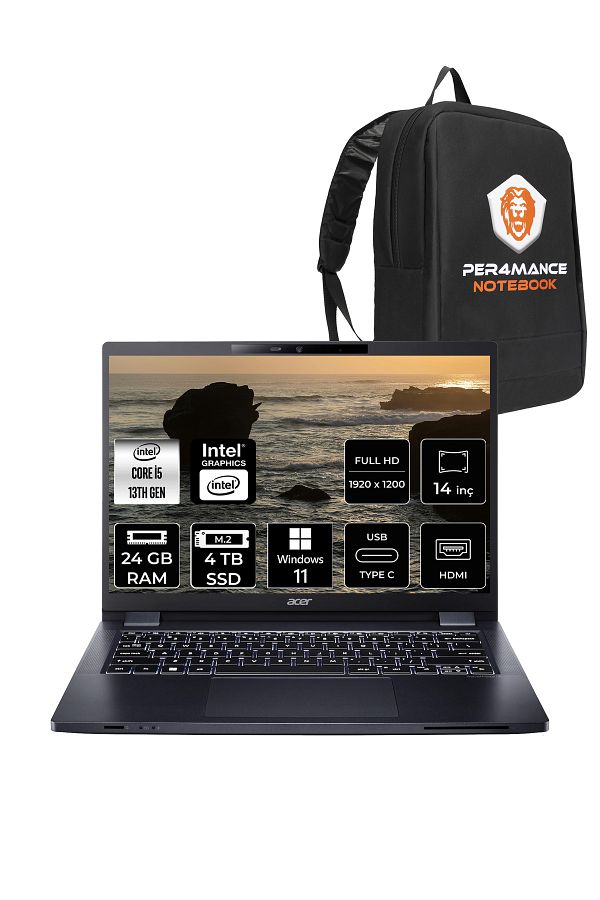 ACER TravelMate P4 i5 1335U 24GB RAM 4TB SSD 14'' WUXGA W11P Taşınabilir Bilgisayar & PER4 ÇANTA
