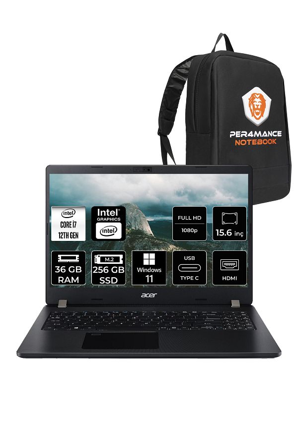 ACER TravelMate P2 i7 1255U 36GB RAM 256GB SSD 15.6'' FHD W11P Taşınabilir Bilgisayar & PER4 ÇANTA