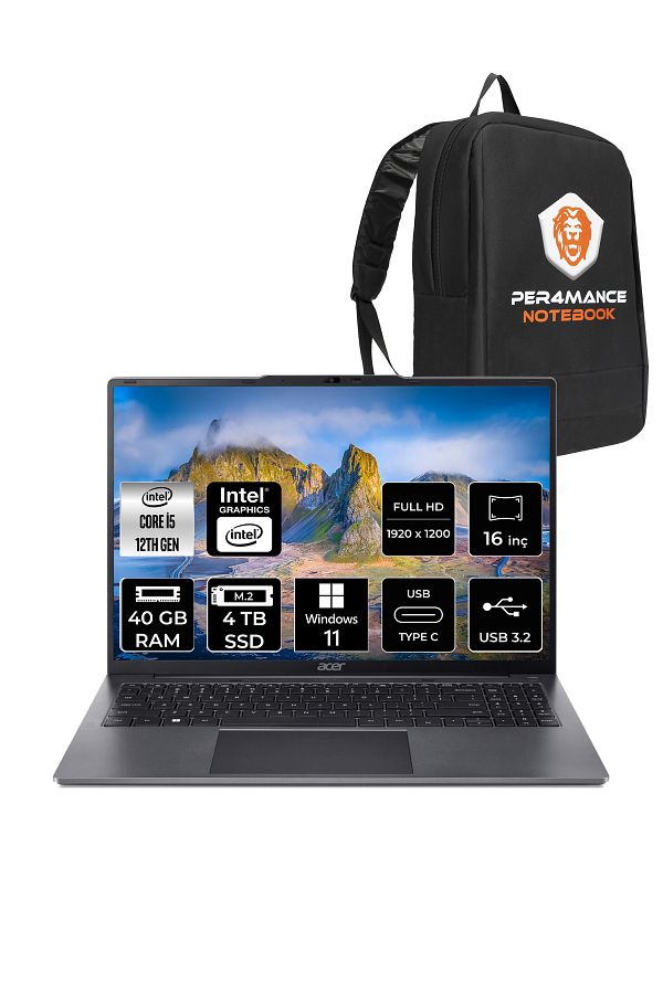 ACER Aspire Lite i5 1235U 40GB DDR5 4TB SSD 16'' WUXGA W11P Taşınabilir Bilgisayar & PER4 ÇANTA