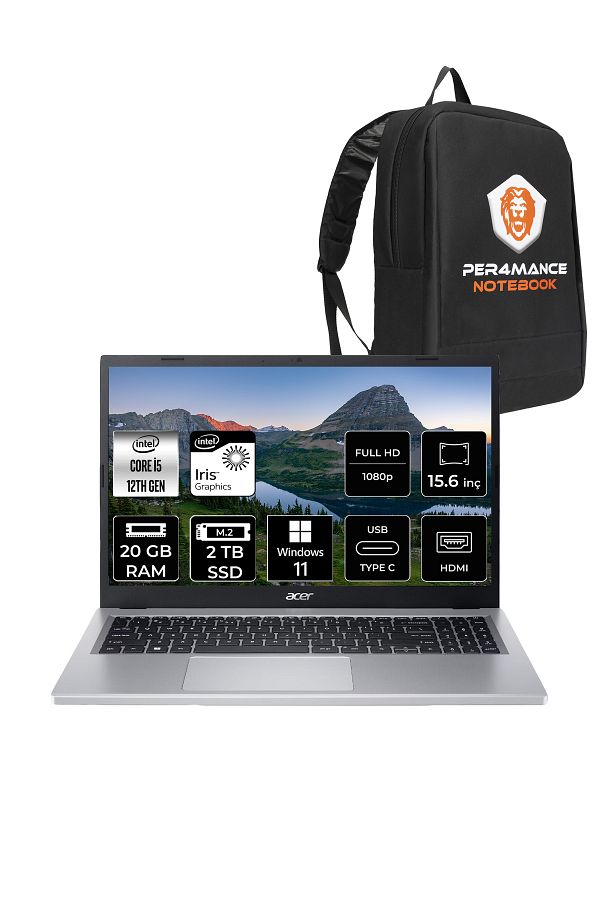 ACER Aspire 3 i5 1235U 20GB RAM 2TB SSD 15.6'' FHD W11H Taşınabilir Bilgisayar & PER4 ÇANTA