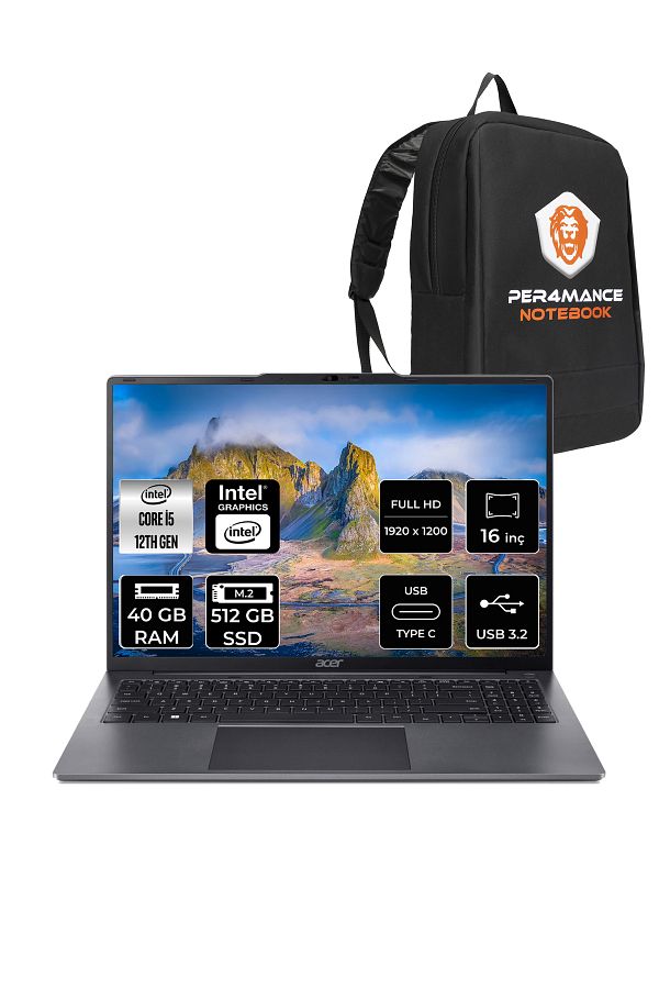 ACER Aspire Lite i5 1235U 40GB DDR5 512GB SSD 16'' WUXGA FDOS Taşınabilir Bilgisayar & PER4 ÇANTA