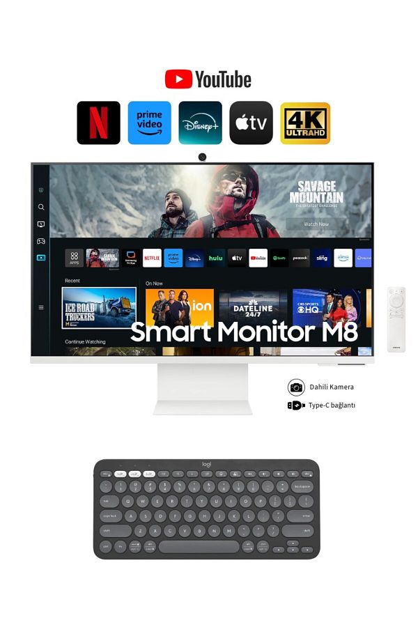 Samsung 32 Inç 4K Akıllı-SMART Monitör TV M8 M80c Beyaz Slim Tasarım Premium Gövde+ Logitech Kablosuz Klavye