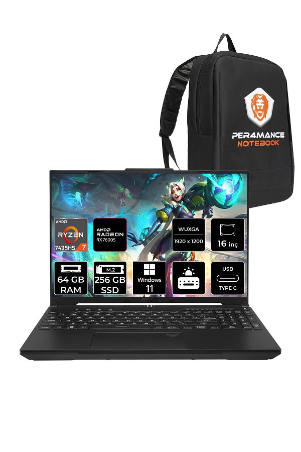 ASUS TUF Gaming A16 R7 7435HS 64GB 256GB SSD RX7600S/8GB 95W 165Hz 16" WUXGA W11H N3055 & PER4 ÇANTA