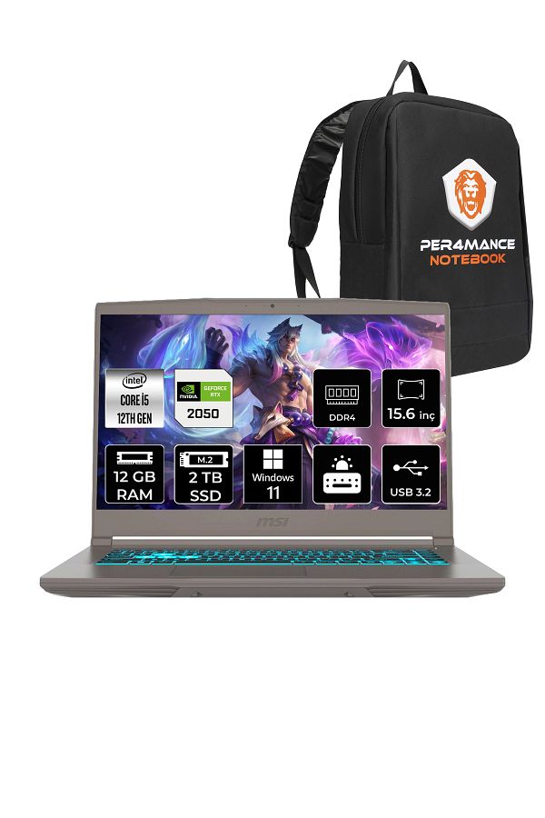 MSI Thin 15 i5 12450H 12GB 2TB SSD RTX2050/4GB 15.6" FHD 144HZ W11H B12UCX20TR & PER4 ÇANTA