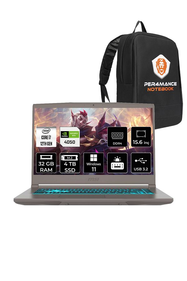 MSI Thin 15 i7 12650H 32GB 4TB SSD RTX4050/6GB 15.6" FHD 144HZ W11H B12VE92TR & PER4 ÇANTA