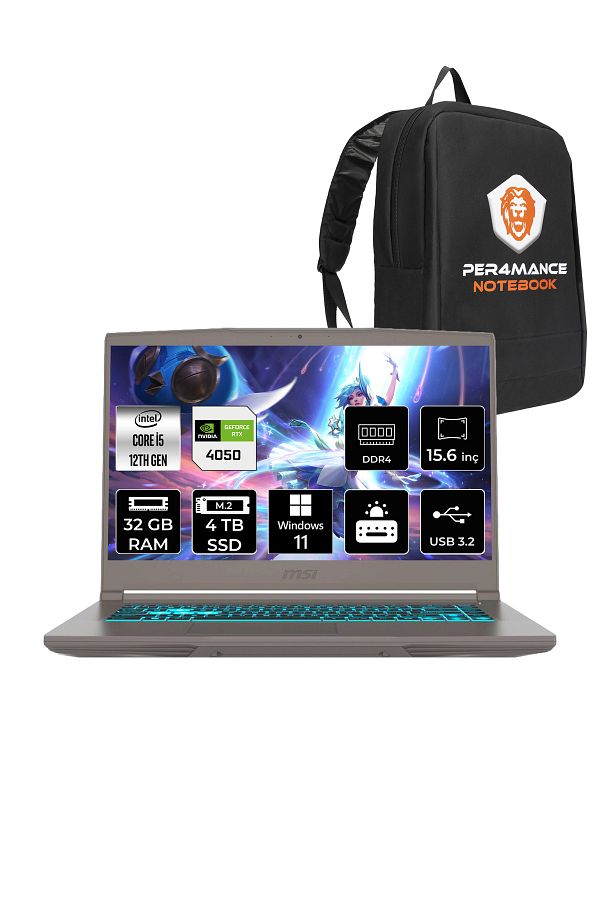 MSI Thin 15 i5 12450H 32GB 4TB SSD RTX4050/6GB 15.6" FHD 144HZ W11H B12VE27TR & PER4 ÇANTA