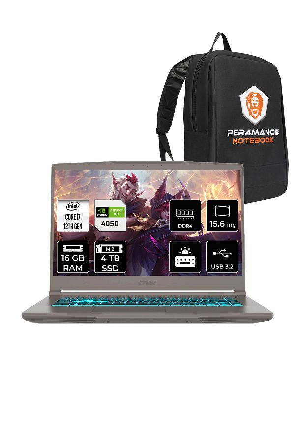 MSI Thin 15 i7 12650H 16GB 4TB SSD RTX4050/6GB 15.6" FHD 144HZ FDOS B12VE92TR & PER4 ÇANTA