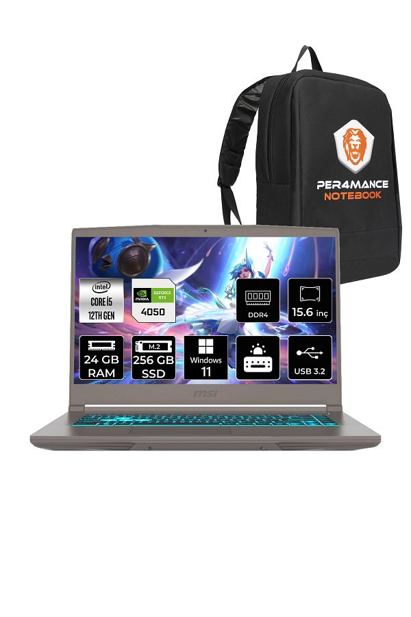 MSI Thin 15 i5 12450H 24GB 256GB SSD RTX4050/6GB 15.6" FHD 144HZ W11P B12VE27TR & PER4 ÇANTA