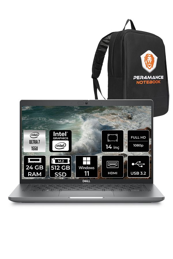 Dell Latitude 5450 Ultra 7 155U 24GB 512GB SSD 14'' FHD W11H Taşınabilir Bilgisayar & PER4 ÇANTA