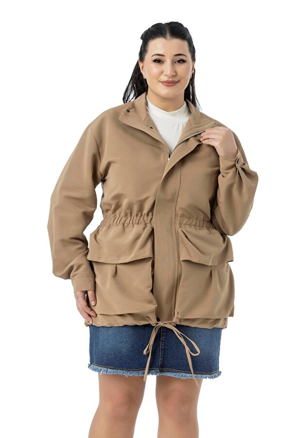 Popper & Zip Fastened Shirred-waist Lined Trench Coat &mdash; Mink