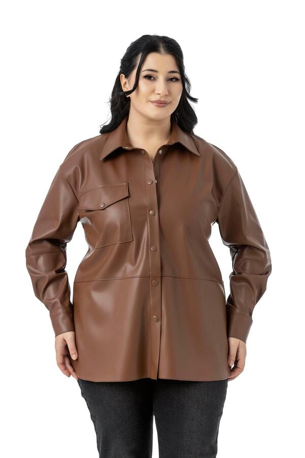 Single-pocket Popper Fastened Leather-look Shirt — Brown