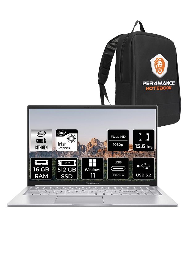 ASUS Vivobook 15 X1504VA i7 1355U 16GB RAM 512GB SSD 15.6'' FHD W11PRO NJ412 & PER4 ÇANTA