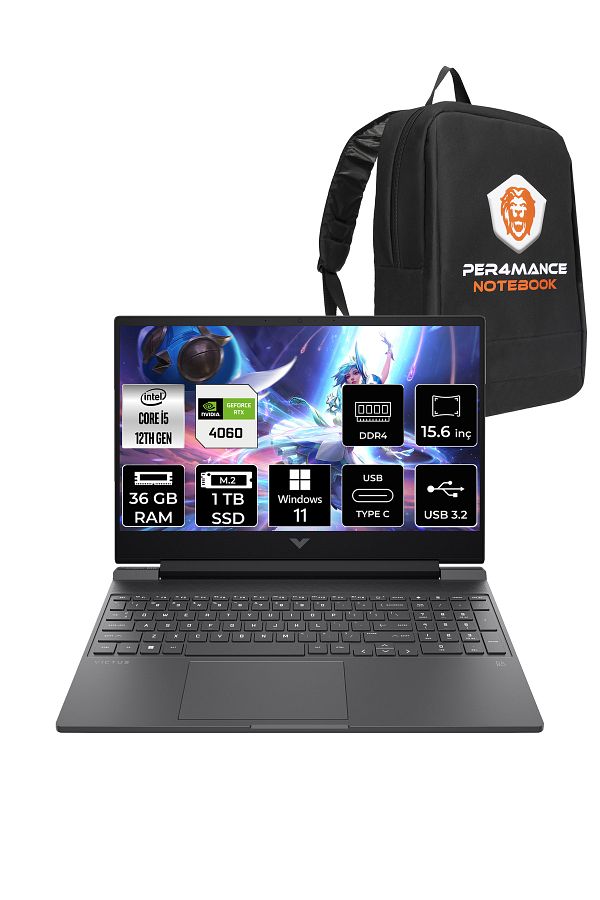 HP Victus 15 i5 12500H 36GB 1TB SSD RTX4060/8GB 144Hz 15.6'' FHD W11P Gaming Laptop & PER4 ÇANTA
