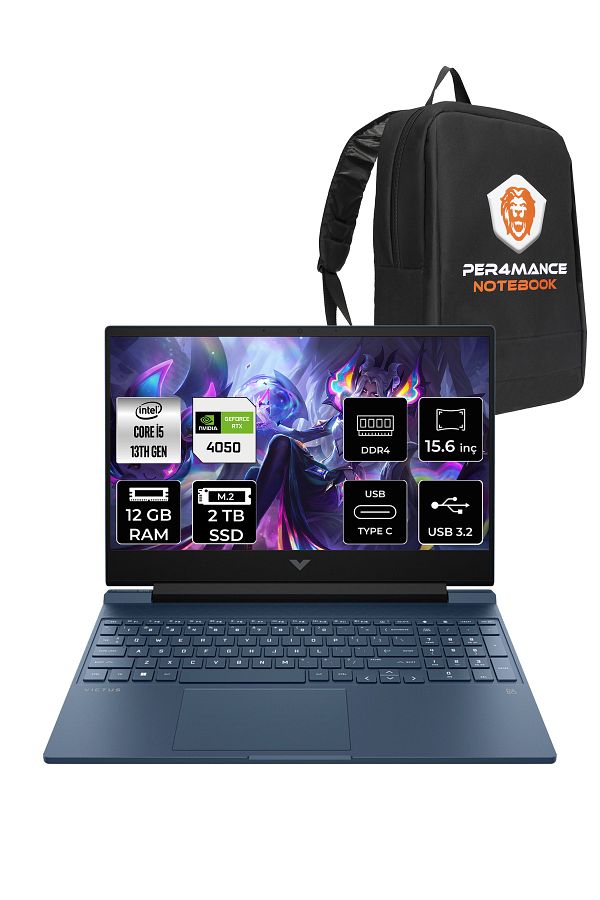 HP Victus 15 i5 13500H 12GB 2TB SSD RTX4050/6GB 144Hz 15.6'' FHD FDOS Gaming Laptop & PER4 ÇANTA