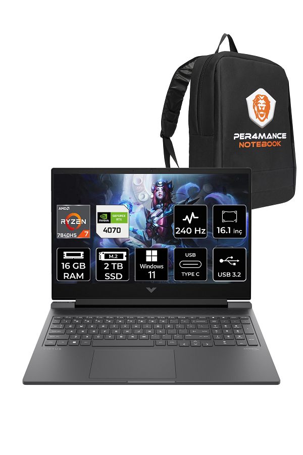 HP Victus 16 R7 7840HS 16GB 2TB SSD RTX4070/8GB 240Hz QHD 16.1'' W11P Gaming Laptop & PER4 ÇANTA