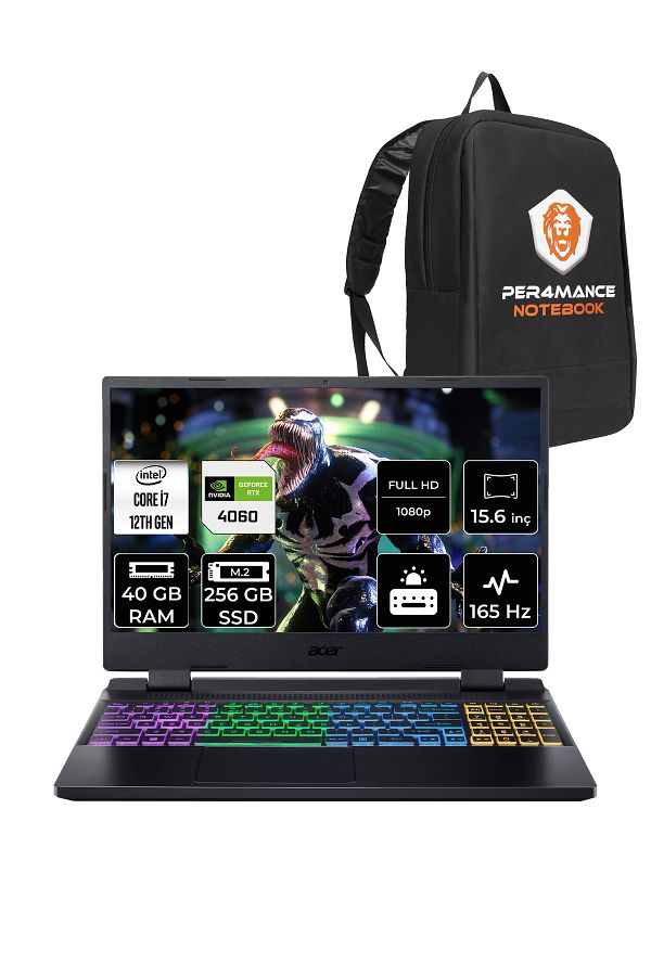 ACER Nitro 5 i7 12650H 40GB 256GB SSD RTX4060/8GB 165Hz FHD 15.6" FDOS Gaming Laptop & PER4 ÇANTA