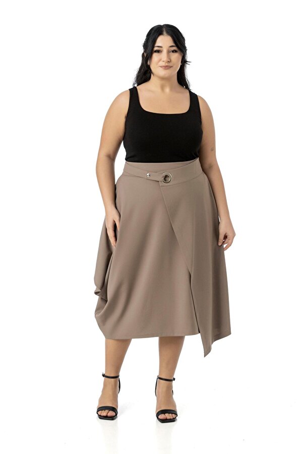 Asymmetric Cut Eyelet Detail Single-pocket Midi Skirt — Mink