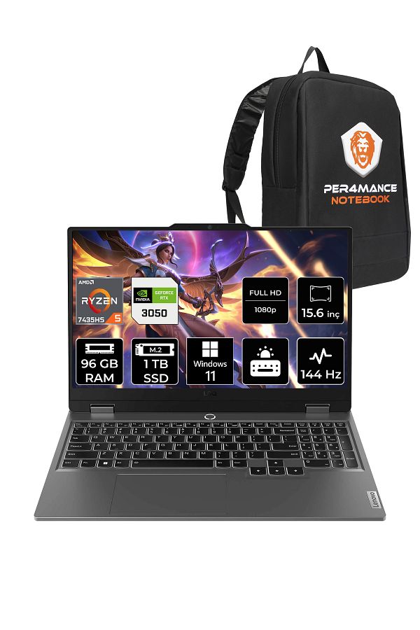 LENOVO LOQ R5 7235HS 96GB 1TB SSD RTX3050/6GB 95W 144Hz FHD 15.6" W11H Gaming Laptop & PER4 ÇANTA
