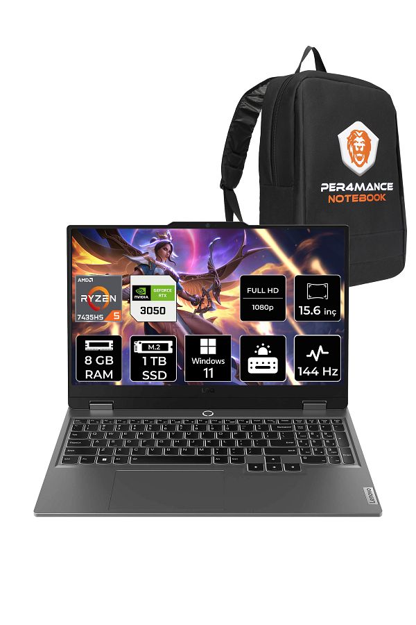 LENOVO LOQ R5 7235HS 8GB 1TB SSD RTX3050/6GB 95W 144Hz FHD 15.6" W11P Gaming Laptop & PER4 ÇANTA