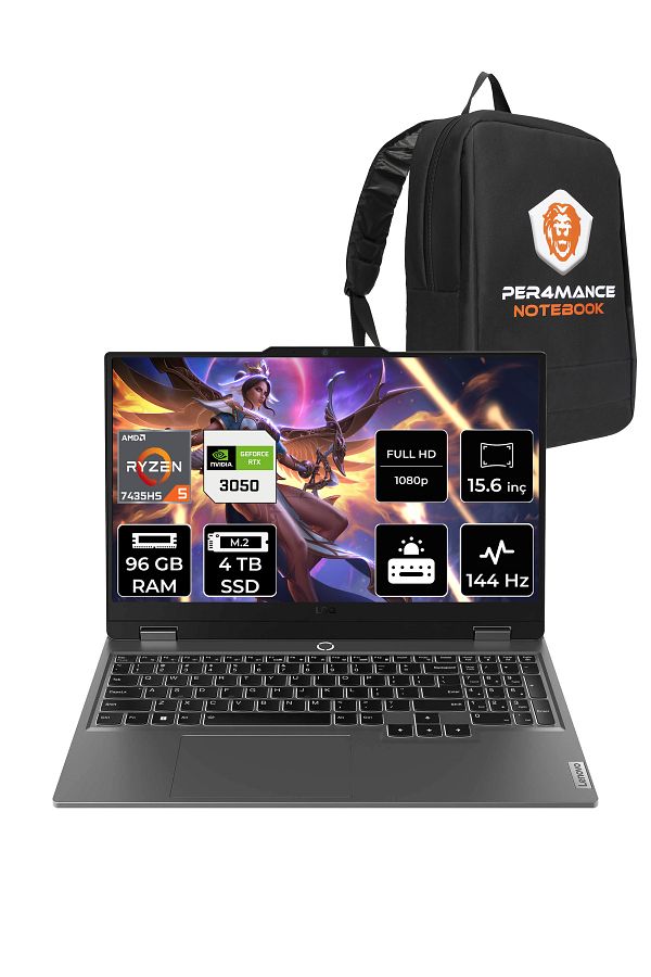 LENOVO LOQ R5 7235HS 96GB 4TB SSD RTX3050/6GB 95W 144Hz FHD 15.6" FDOS Gaming Laptop & PER4 ÇANTA