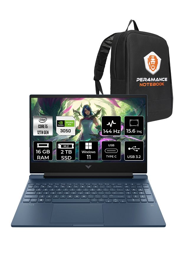 HP Victus 15 i5 12450H 16GB 2TB SSD RTX3050/4GB 144Hz 15.6'' FHD W11H Gaming Laptop & PER4 ÇANTA