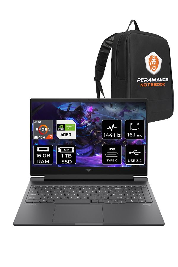 HP Victus 16 R7 8845HS 16GB 1TB SSD RTX4060/8GB 144Hz FHD 16.1'' FDOS Gaming Laptop & PER4 ÇANTA