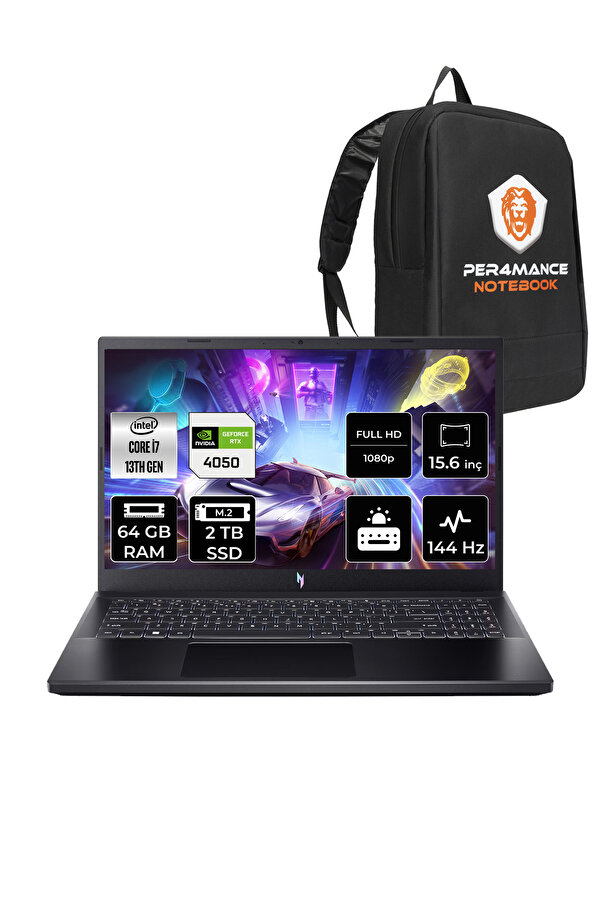 ACER Nitro V 15 i7 13620H 64GB 2TB SSD RTX4050/6GB 144Hz FHD 15.6" FDOS Gaming Laptop & PER4 ÇANTA