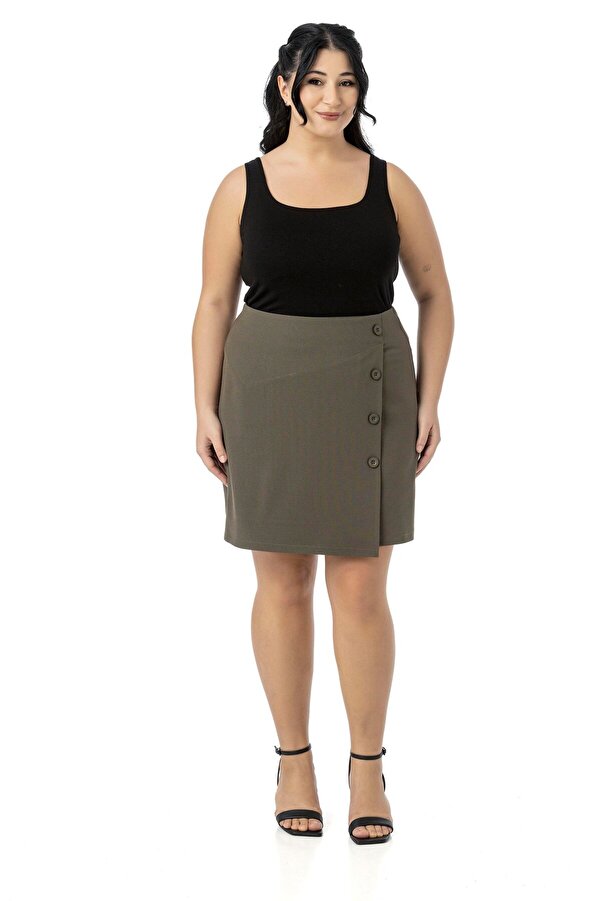 Front Double Tiered Decorative Button-detail Zip Fastened Mini Skirt — Khaki