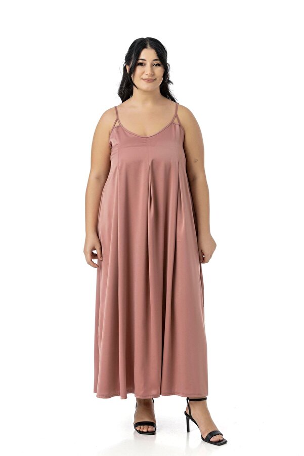 Adjustable Lightweight Strappy Deep Plissé Detail Slit-detail Satin Long Dress — Powder Pink