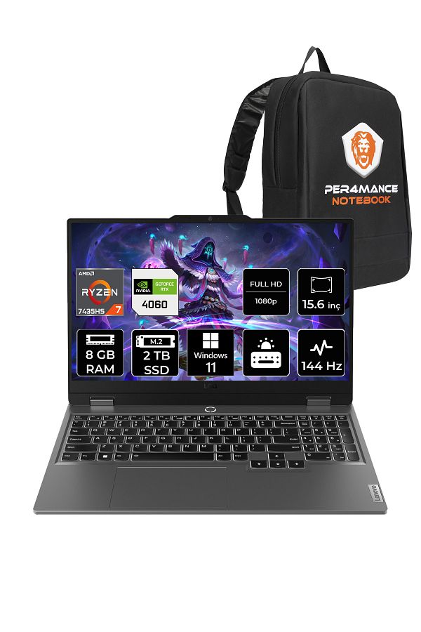 LENOVO LOQ R7 7435HS 8GB 2TB SSD RTX4060/8GB 105W 144Hz FHD 15.6" W11H Gaming Laptop & PER4 ÇANTA
