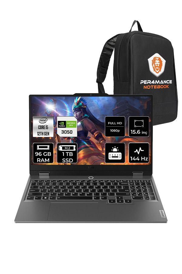 LENOVO LOQ i5 12450HX 96GB 1TB SSD RTX3050/6GB 95W 144Hz FHD 15.6" FDOS Gaming Laptop & PER4 ÇANTA