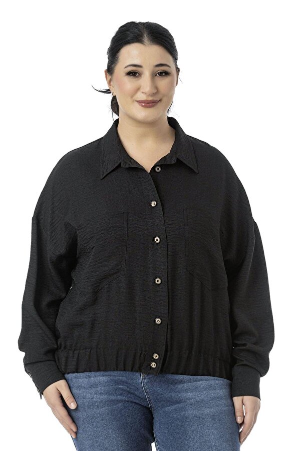 Drop Sleeve Hem Elasticated Patch-pocket Shirt — Black