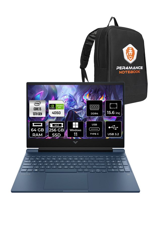 HP Victus 15 i5 13500H 64GB 256GB SSD RTX4050/6GB 144Hz 15.6'' FHD W11P Gaming Laptop & PER4 ÇANTA