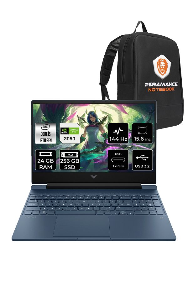 HP Victus 15 i5 12450H 24GB 256GB SSD RTX3050/4GB 144Hz 15.6'' FHD FDOS Gaming Laptop & PER4 ÇANTA