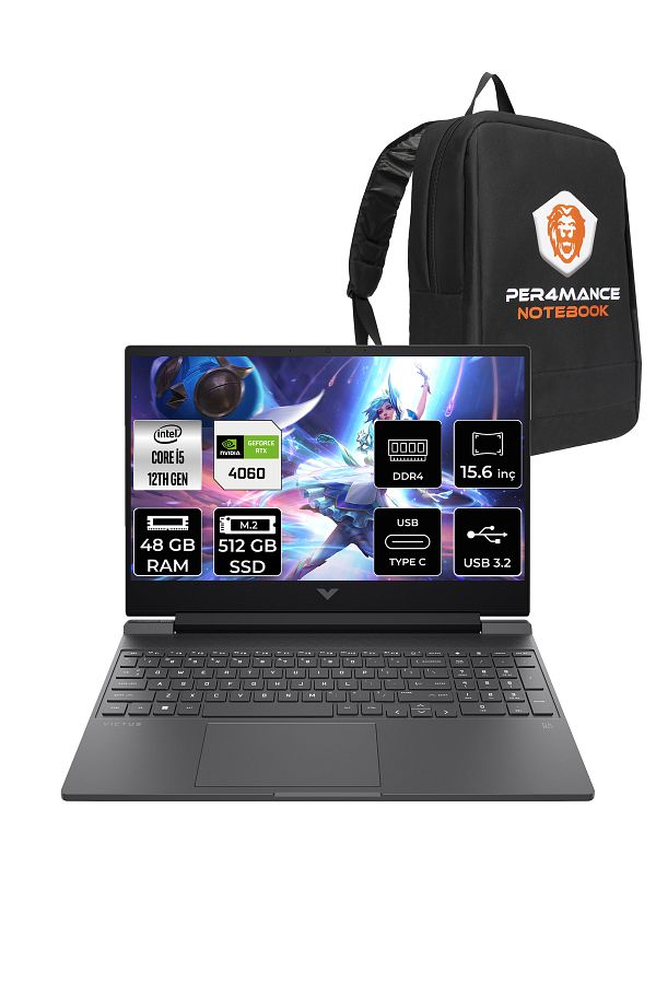 HP Victus 15 i5 12500H 48GB 512GB SSD RTX4060/8GB 144Hz 15.6'' FHD FDOS Gaming Laptop & PER4 ÇANTA