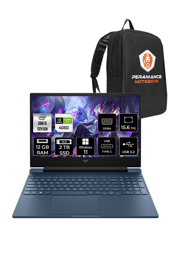 HP Victus 15 i5 13500H 12GB 4TB SSD RTX4050/6GB 144Hz 15.6'' FHD W11P Gaming Laptop & PER4 ÇANTA