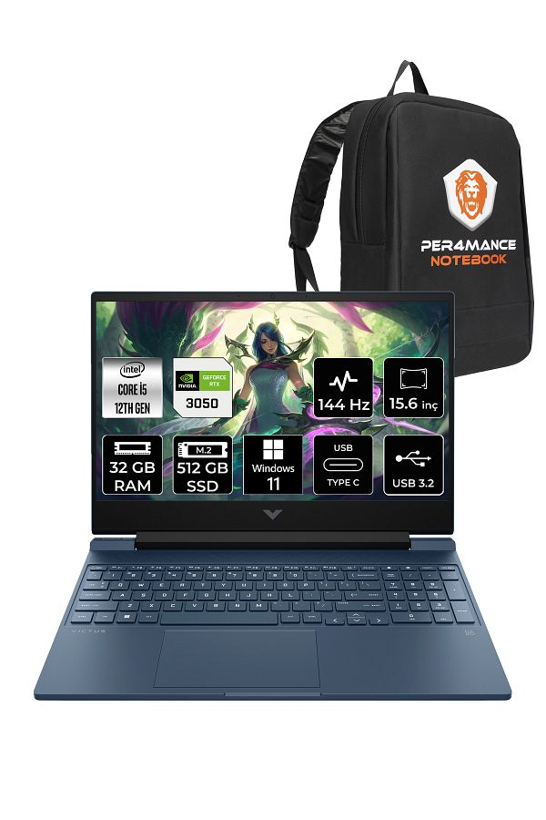 HP Victus 15 i5 12450H 32GB 512GB SSD RTX3050/4GB 144Hz 15.6'' FHD W11P Gaming Laptop & PER4 ÇANTA