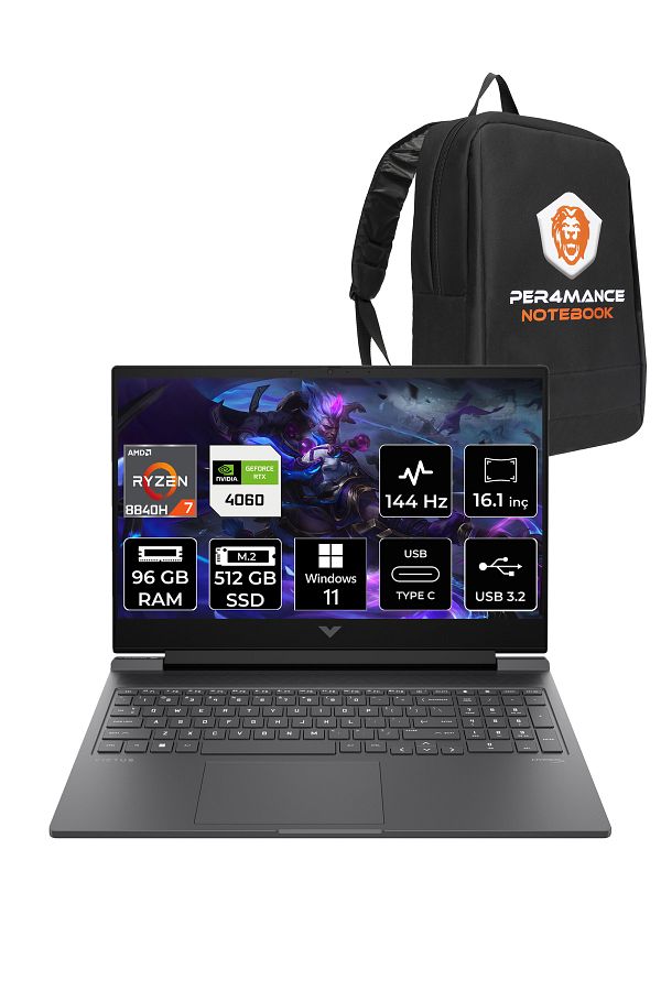 HP Victus 16 R7 8845HS 96GB 512GB SSD RTX4060/8GB 144Hz FHD 16.1'' W11H Gaming Laptop & PER4 ÇANTA