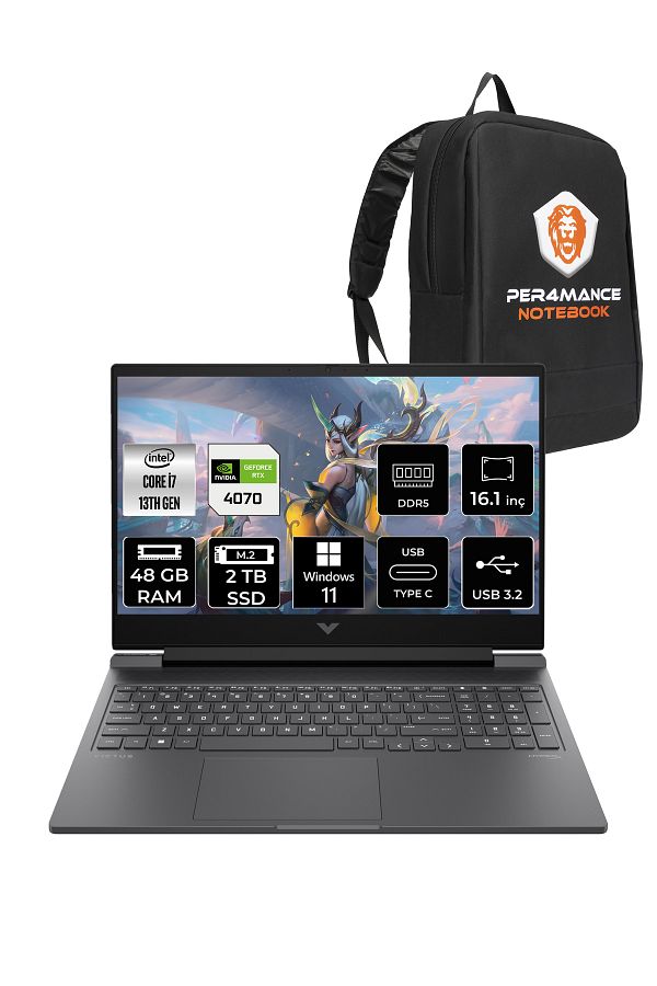 HP Victus 16 i7 13700H 48GB DDR5 2TB SSD RTX4070/8GB 144Hz 16.1'' W11P Gaming Laptop & PER4 ÇANTA