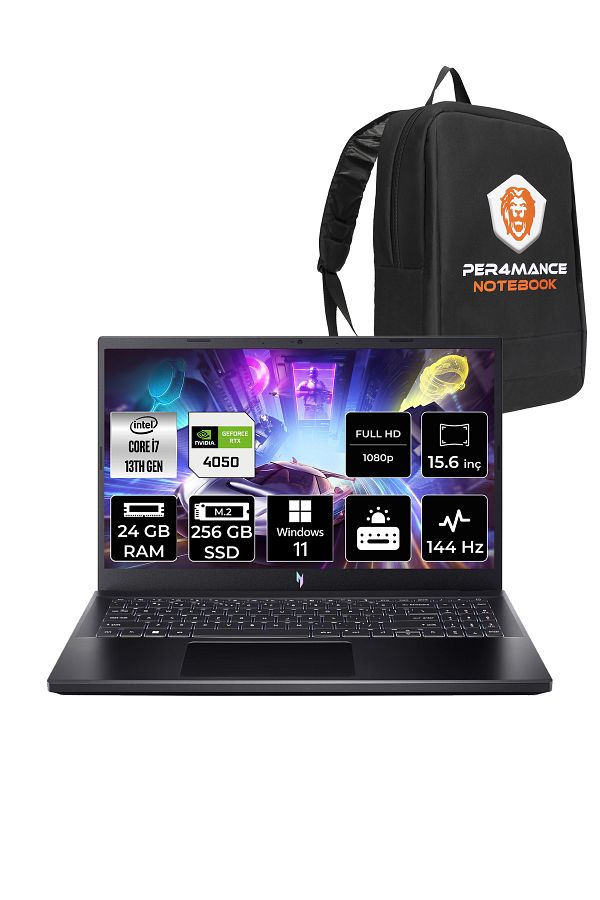 ACER Nitro V 15 i7 13620H 24GB 256GB SSD RTX4050/6GB 144Hz FHD 15.6" W11H Gaming Laptop & PER4 ÇANTA