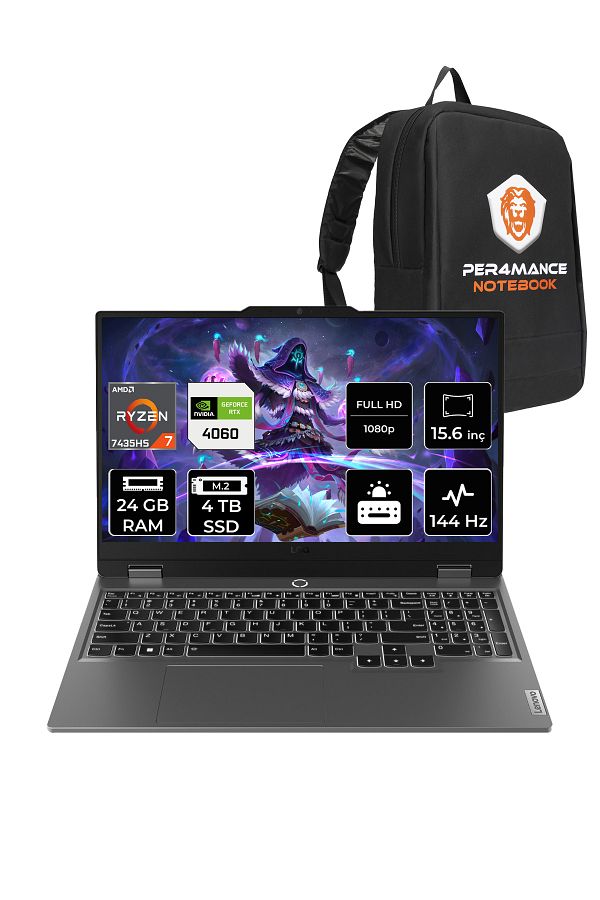 LENOVO LOQ R7 7435HS 24GB 4TB SSD RTX4060/8GB 105W 144Hz FHD 15.6" FDOS Gaming Laptop & PER4 ÇANTA